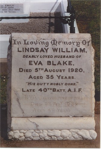 Lindsay William Blake 1885-1920 & his wife  Eva nee Rolls 1889-1938, headstone